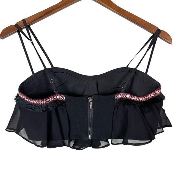 Bebe Black Tribal Embroidered with Black Fringe Bustier Top with Sheer Overlay - Picture 6 of 10